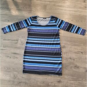 1X Long Sleeved Striped Blue Black Women's Dress Spring Fall Winter Brunch Party